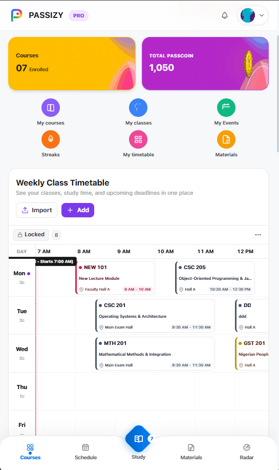 Passizy Mobile Schedule View